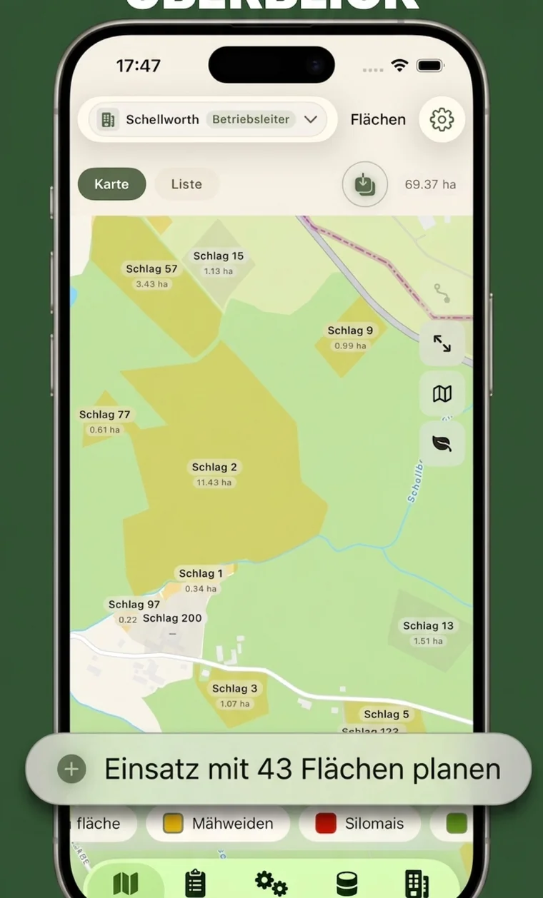 Feldblick Einsatzplanung mit ausgewählten Schlägen und Schnellplaner-Button