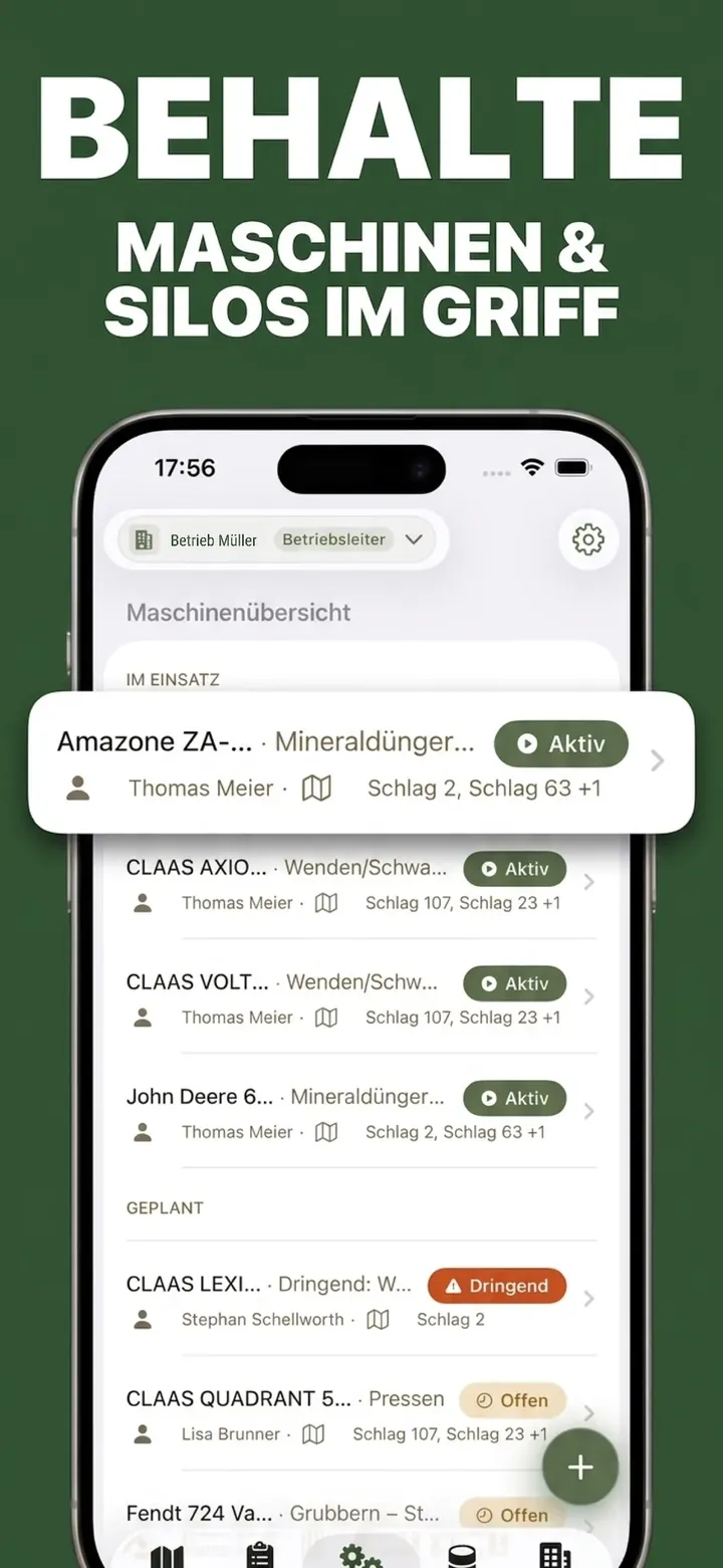 FeldBlick Maschinenübersicht mit Status aktiv, geplant und dringend